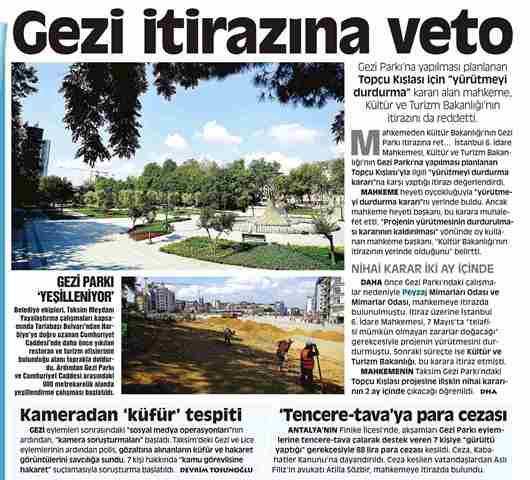 GEZİ PARKI İTİRAZINA VETO - AKŞAM